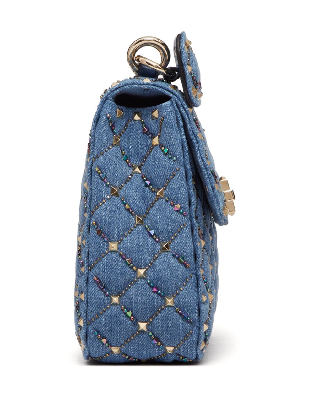 Shop Valentino Rockstud Spike Denim Crossbody Bag In Blue