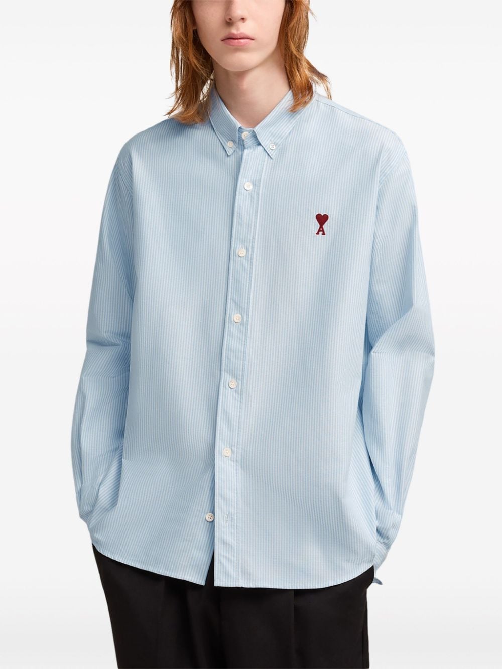 Shop Ami Alexandre Mattiussi Logo-embroidered Striped Cotton Shirt In Blue