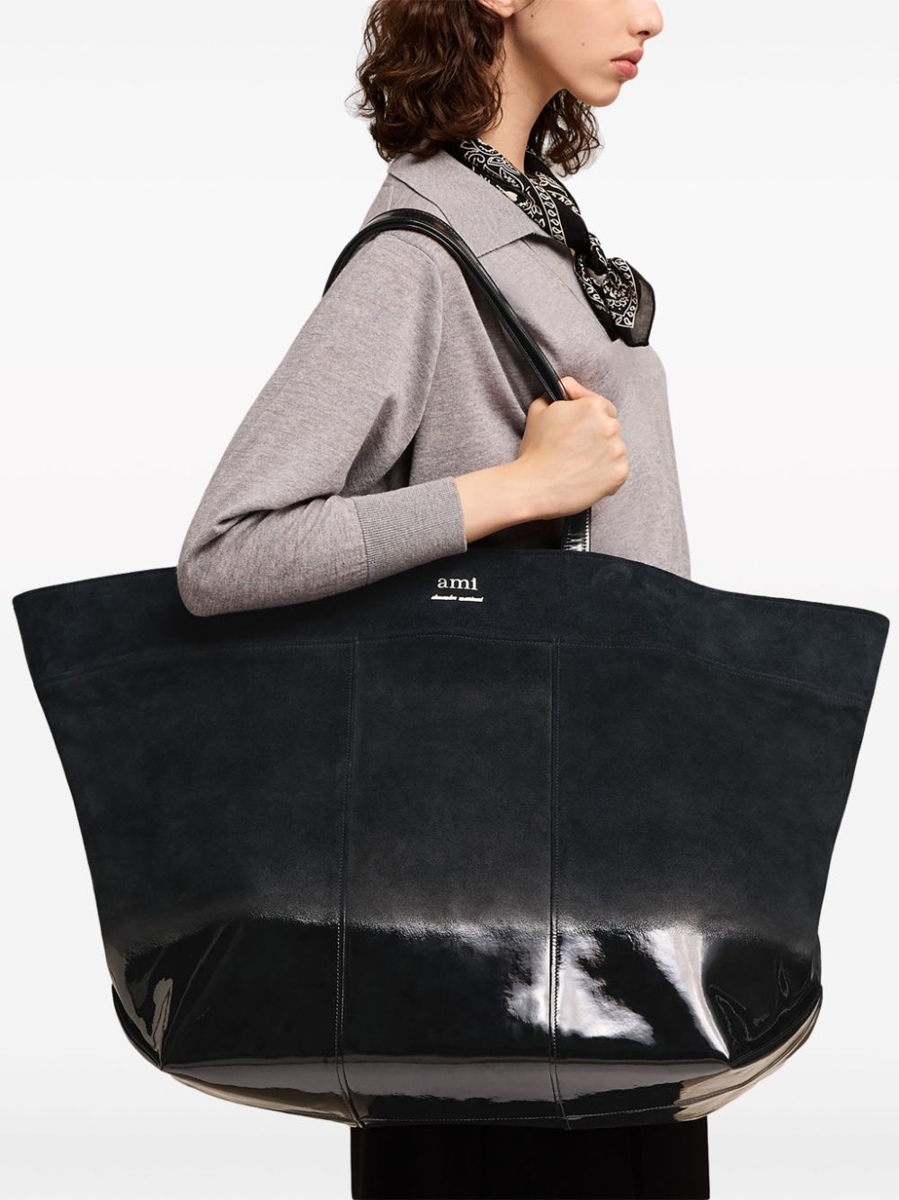 Shop Ami Alexandre Mattiussi E/w Maxi Ami Leather Tote Bag In Black