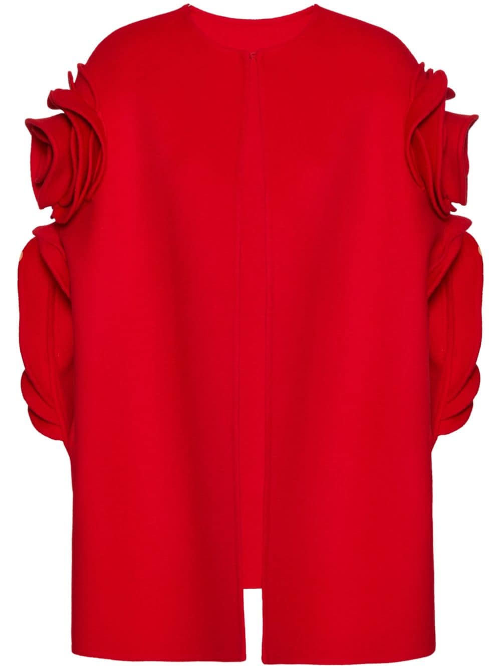 Valentino Compact Drap Rose-appliqué Cape In Red