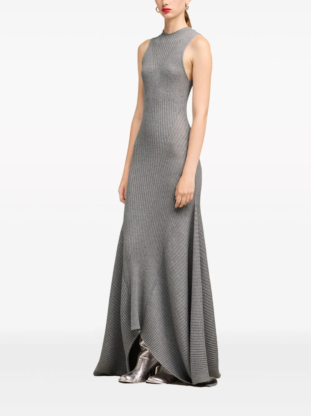 Shop Ami Alexandre Mattiussi Asymmetric Ribbed-knit Wool Dress In Grey