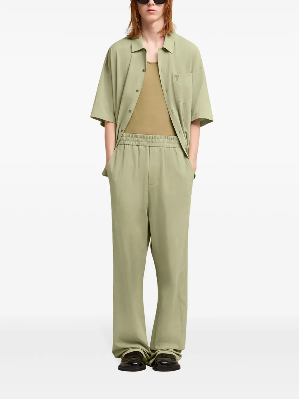 Shop Ami Alexandre Mattiussi Ami De Coeur-plaque Cotton Trousers In Green