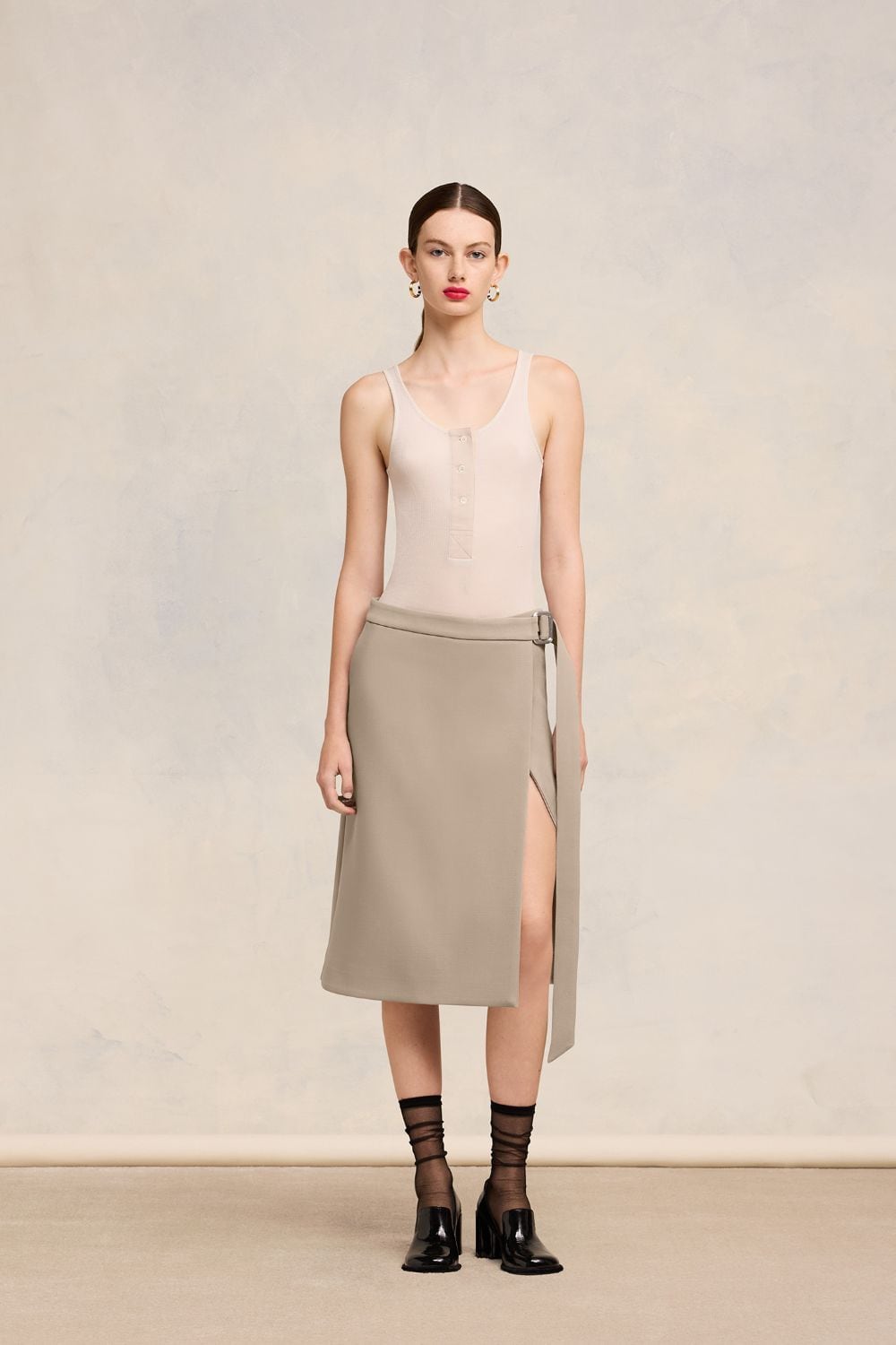 Shop Ami Alexandre Mattiussi Midi Belted Skirt With Slit Neutrals For Women