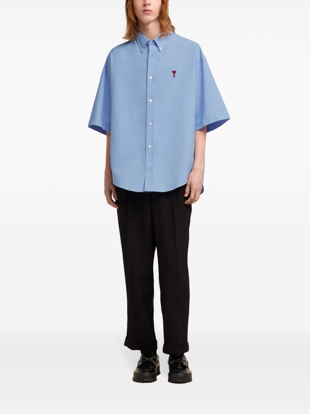 Shop Ami Alexandre Mattiussi Logo-embroidered Cotton Shirt In Blue
