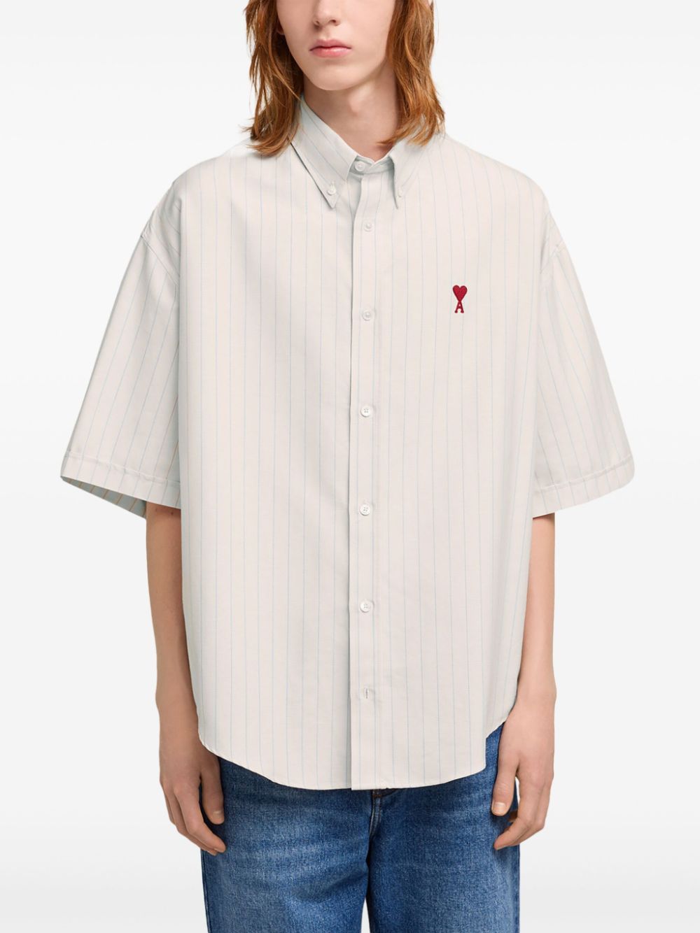 Shop Ami Alexandre Mattiussi Logo-embroidered Striped Cotton Shirt In White