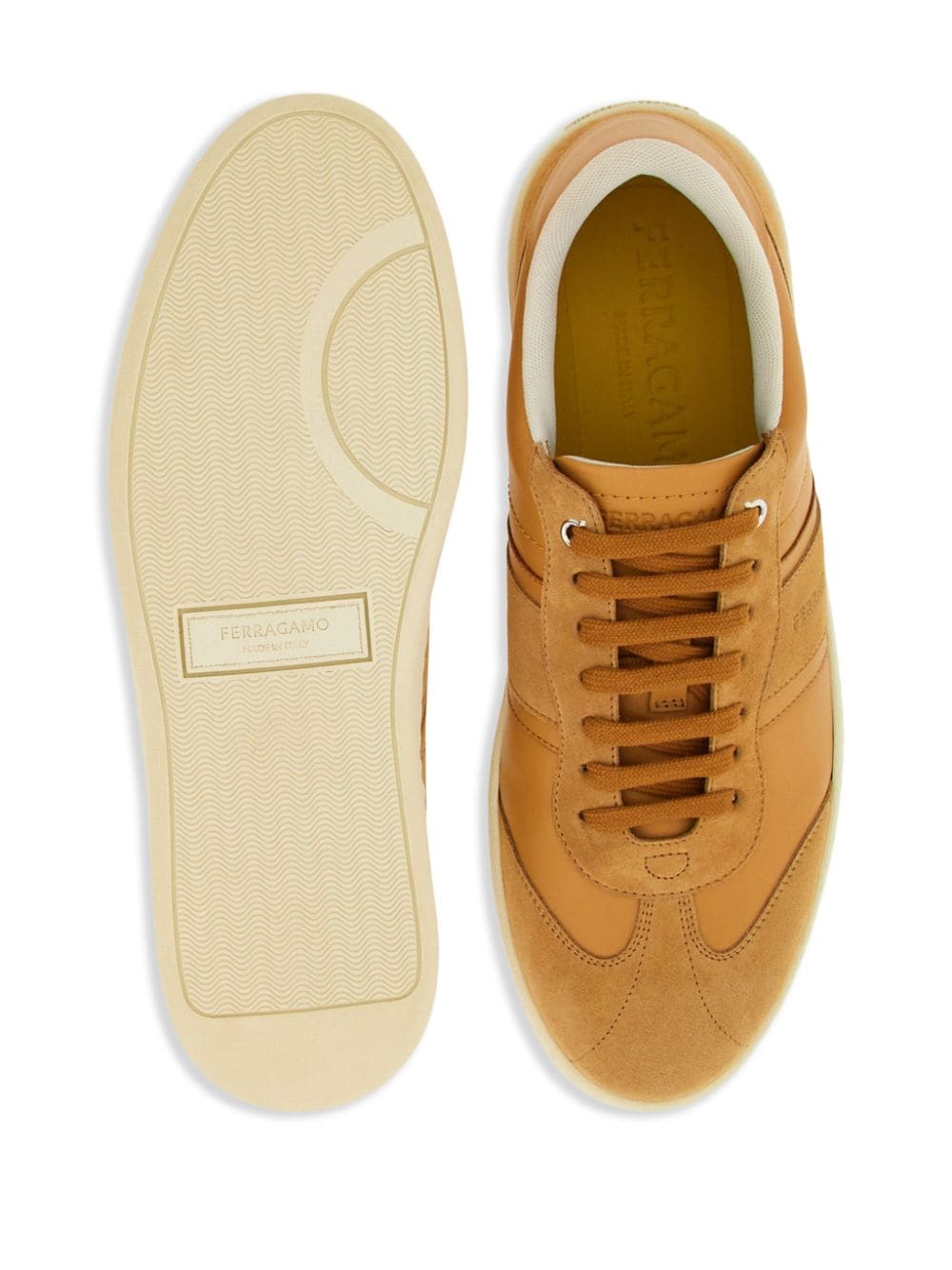 Shop Ferragamo Panelled Lace-up Leather Sneakers In Neutrals