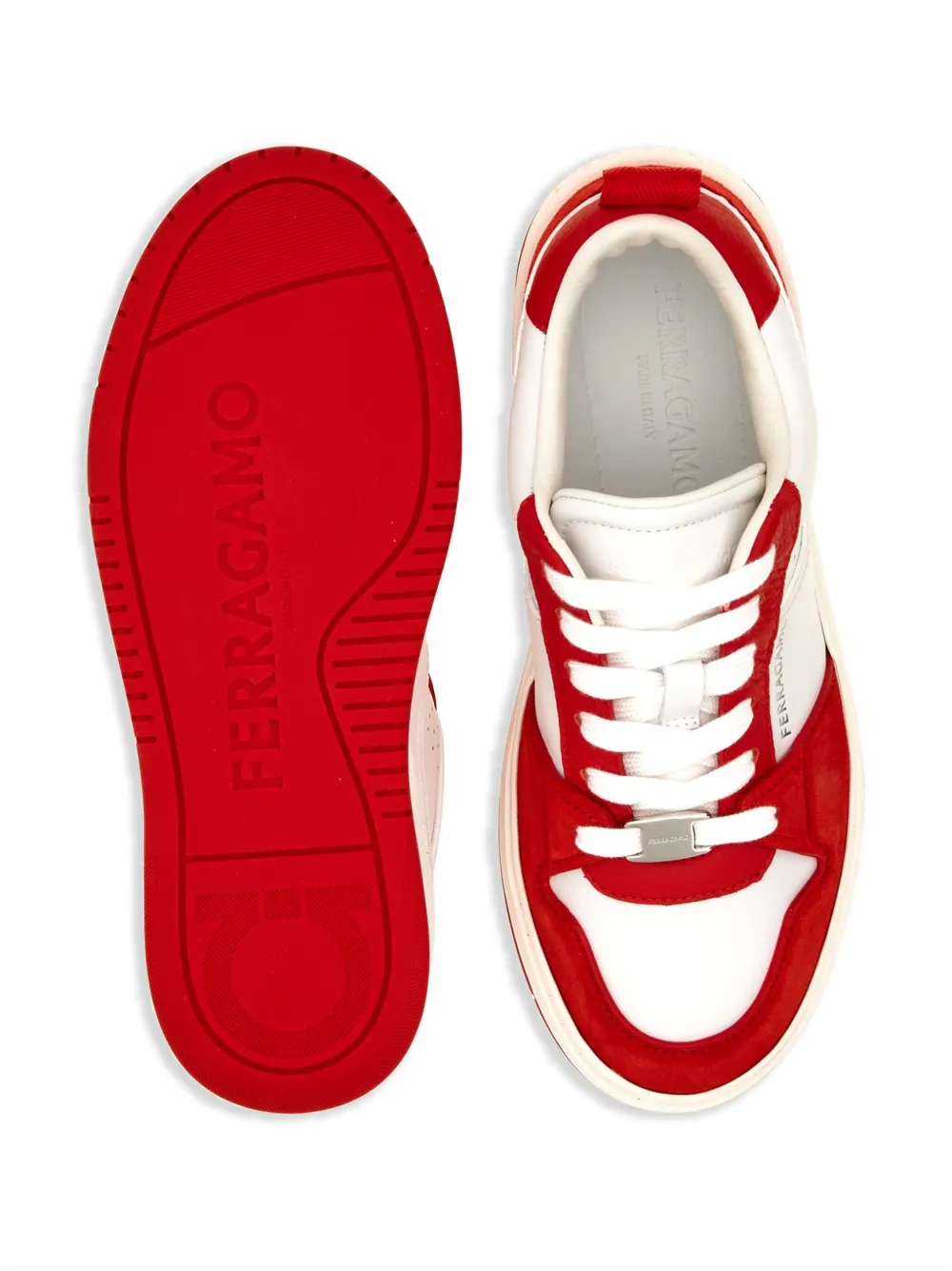 Ferragamo Leather And Suede Sneakers With Contrast Panels In Rot