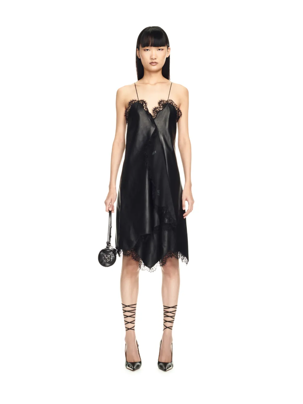 Off-white Nappa Wrap Slip Dress With Lace Hems In Black
