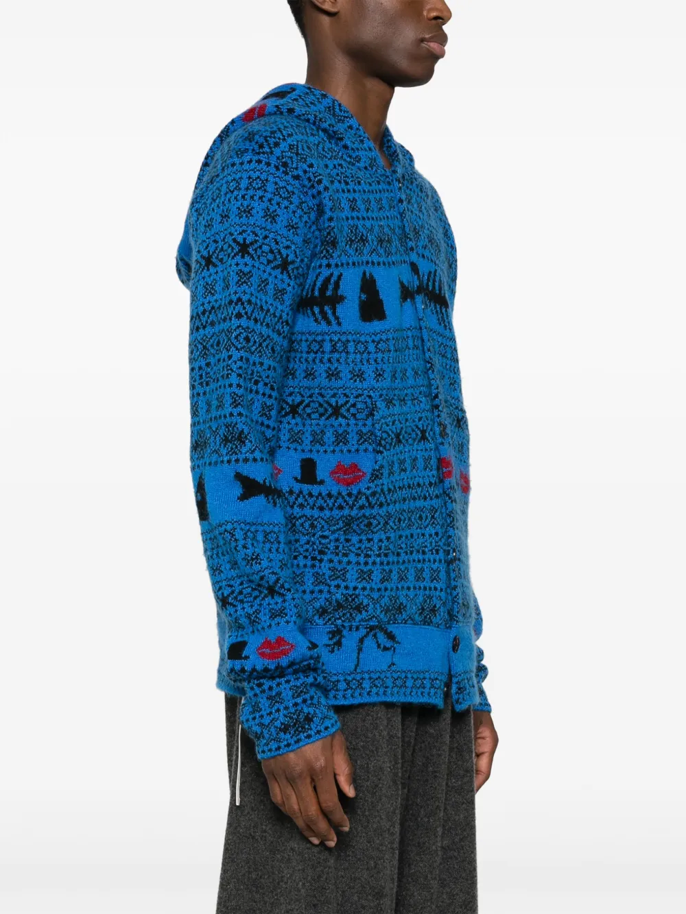 Shop Yohji Yamamoto Fair-isle Hooded Cardigan In Blue