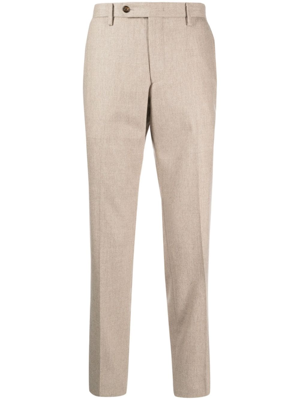 pressed-crease flannel tapered trousers