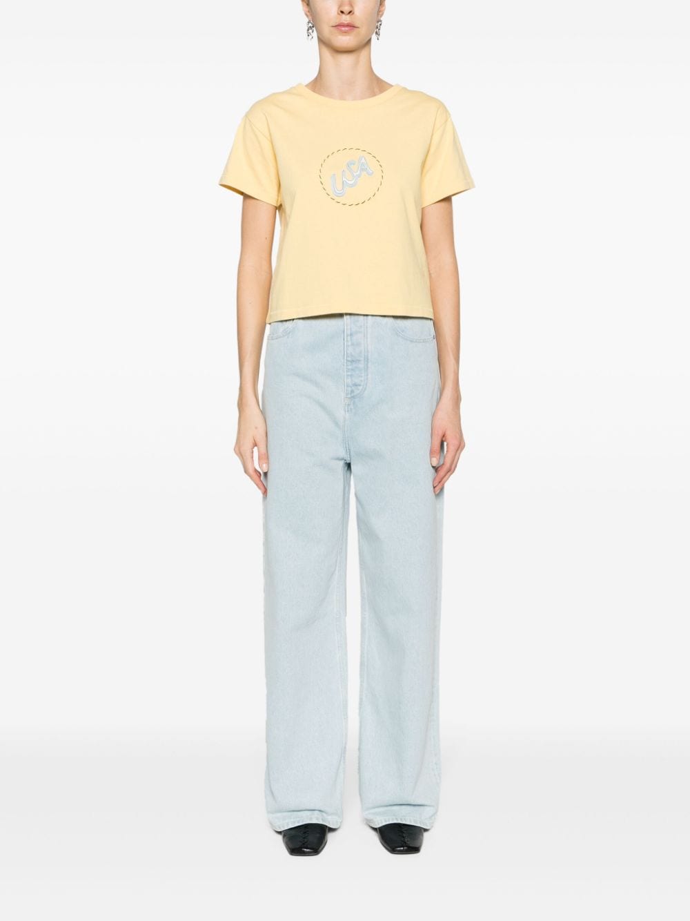Shop Bode Usa-appliqué Cotton Cropped T-shirt In Yellow