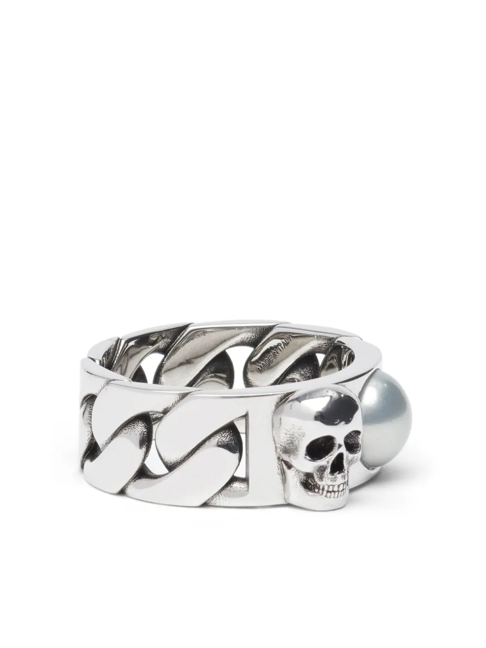 Shop Alexander Mcqueen Skull Pearl-embellished Chain Ring In Silber