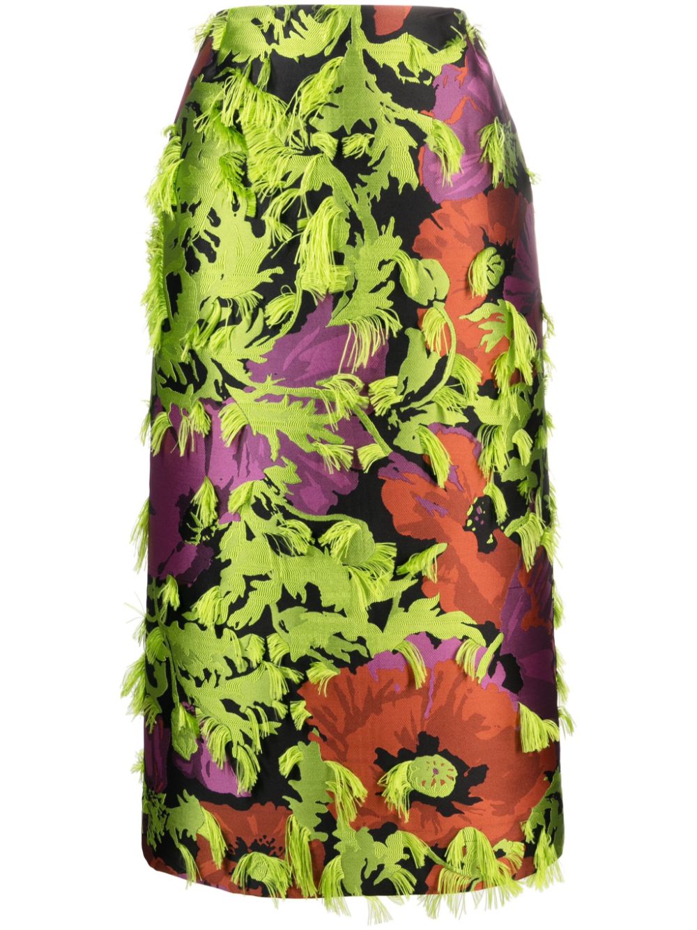 floral pattern-jacquard frayed midi skirt