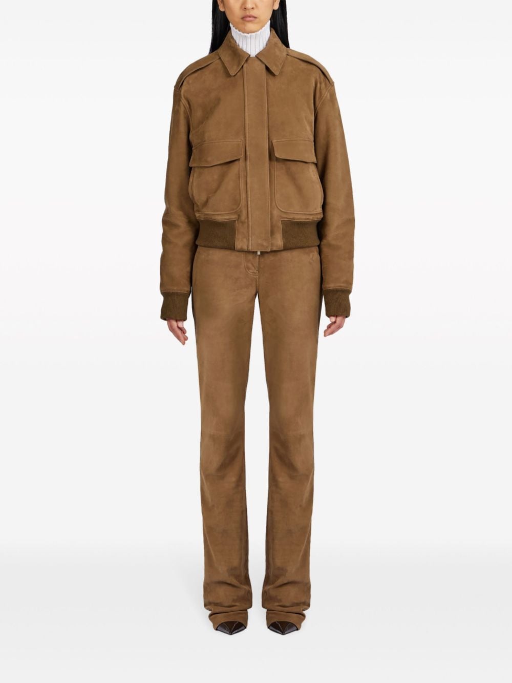 Shop Ferragamo Spread-collar Leather Jacket In Brown