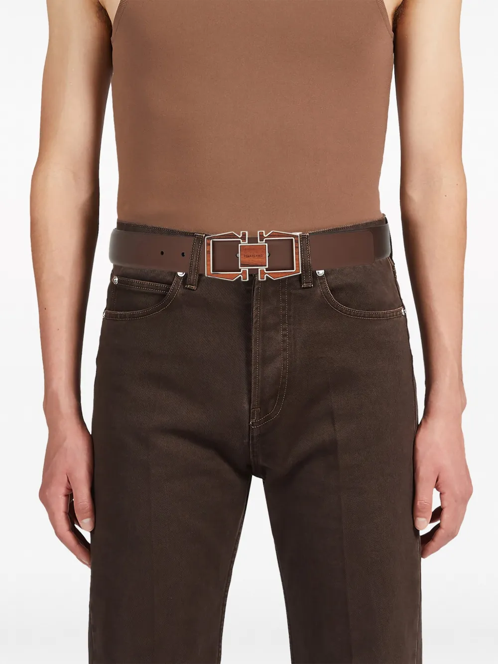 Shop Ferragamo Gancini Leather Belt In Brown