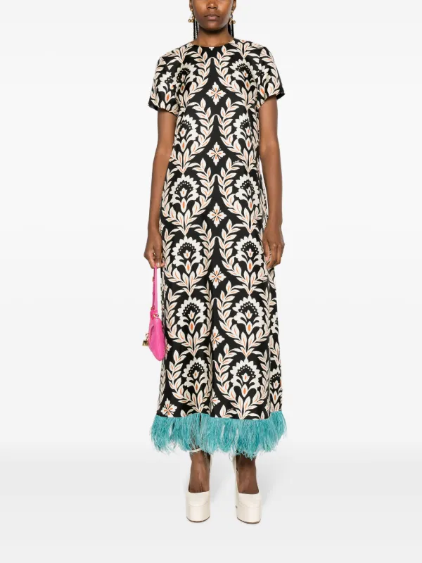 La DoubleJ Swing feather-trim Dress | Black | FARFETCH UZ