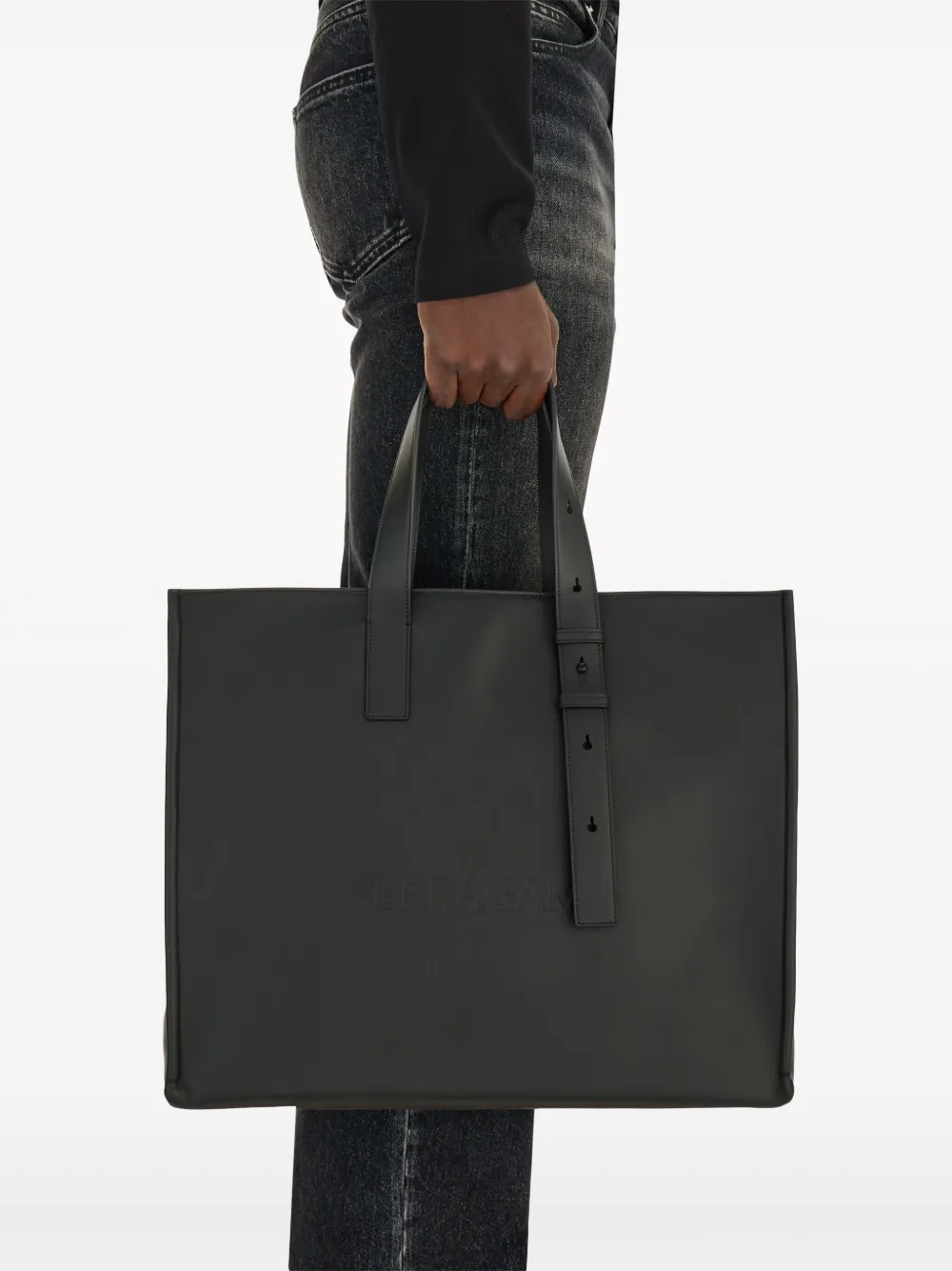 Shop Ferragamo East-west Logo-debossed Leather Tote Bag In Black