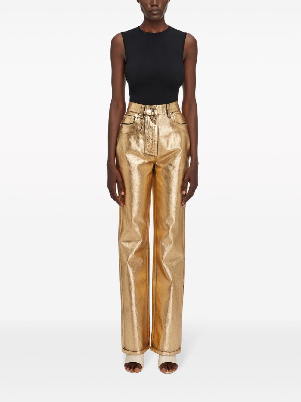 Shop Ferragamo Logo-patch Metallic-finish High-waist Trousers In Gold