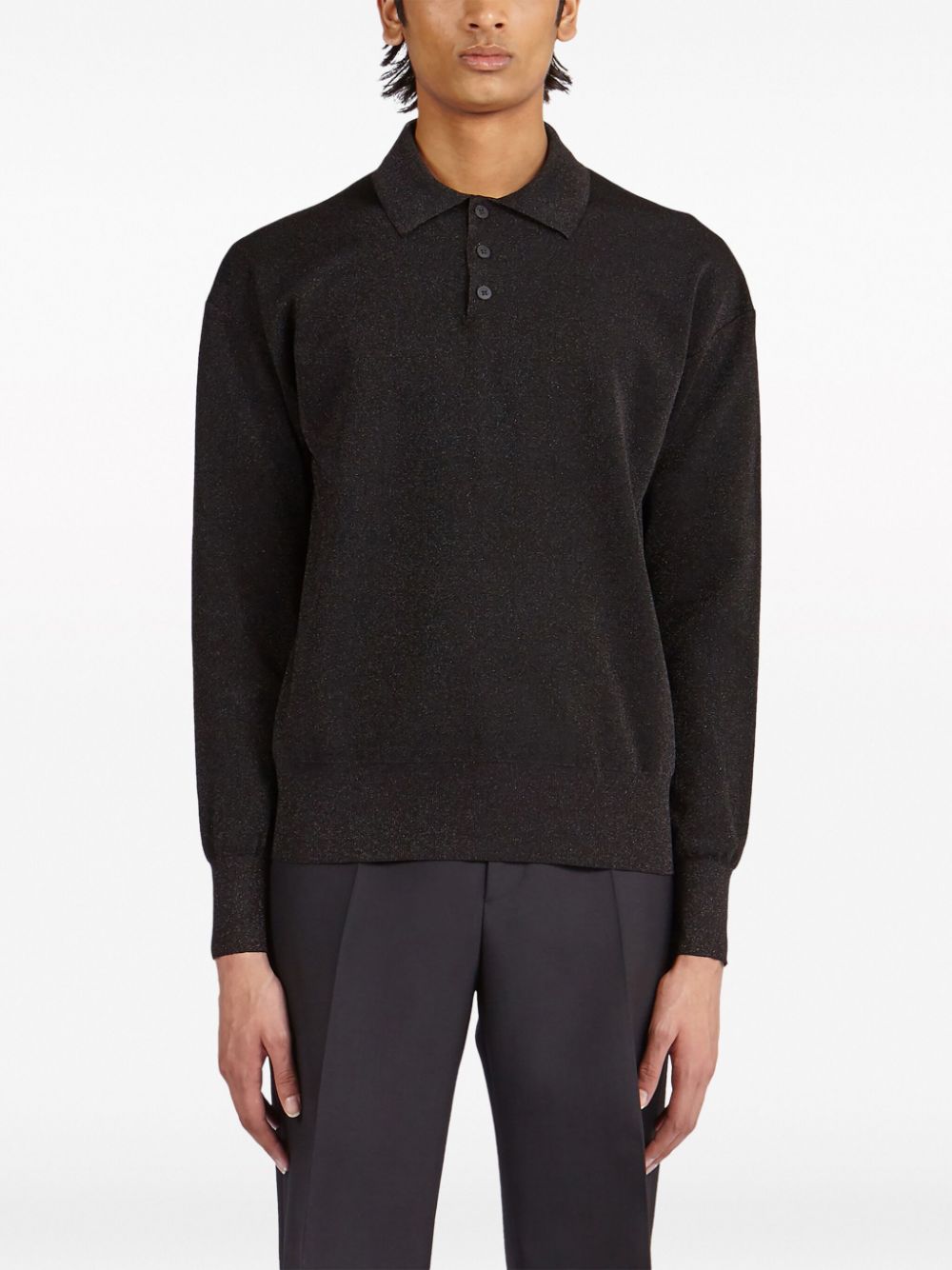 Shop Ferragamo Lurex Long-sleeved Polo Shirt In Black