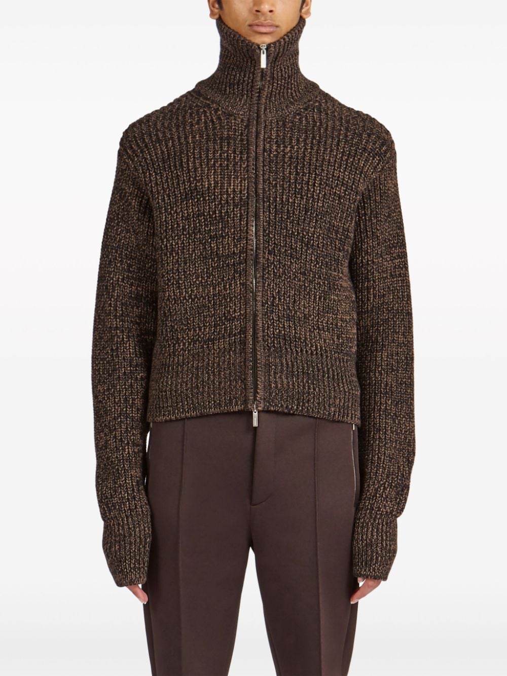 Shop Ferragamo Mélange-effect Zipped Cardigan In Brown
