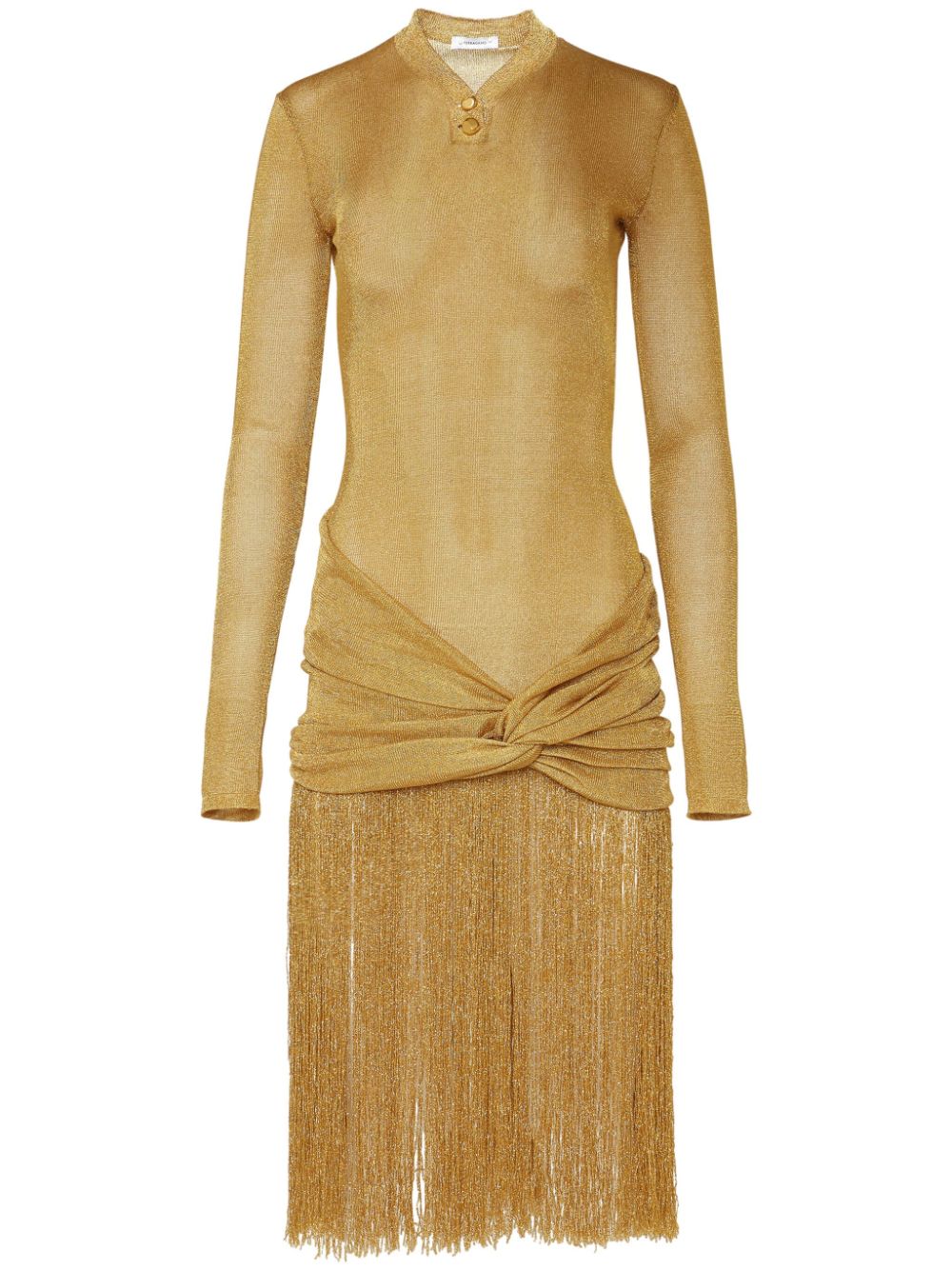 Ferragamo Fringe-detailing Cotton-blend Dress In Gold