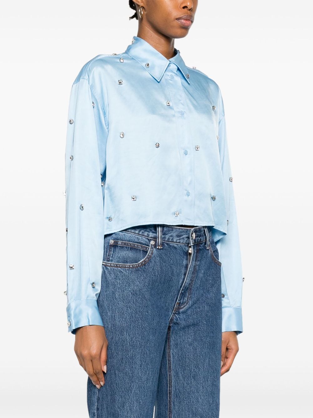 Shop Sandro Crystal-embellished Cropped Shirt In Blue