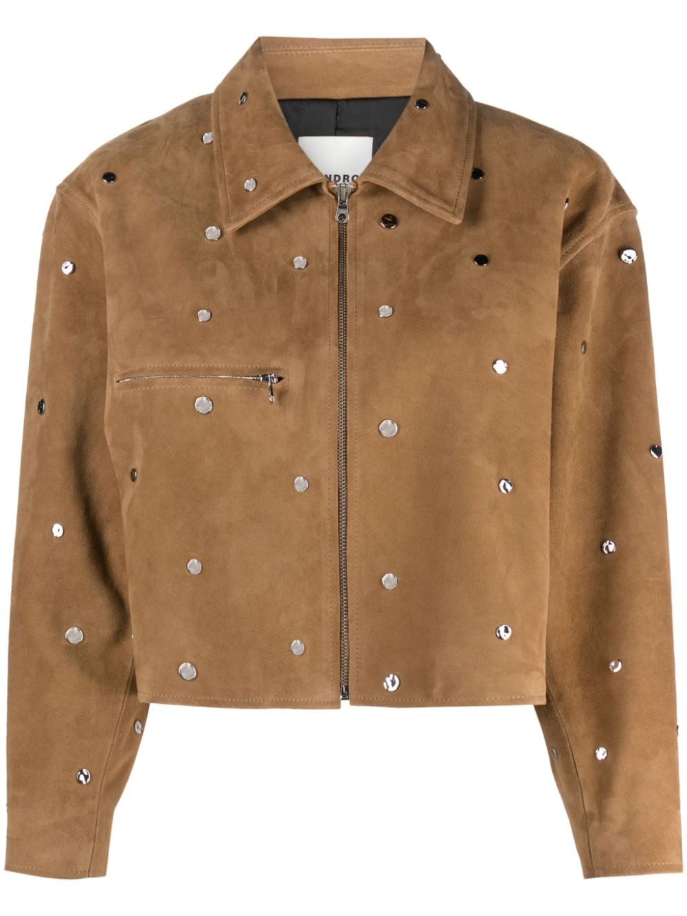 Sandro Cropped Studded Suede Jacket In Brown