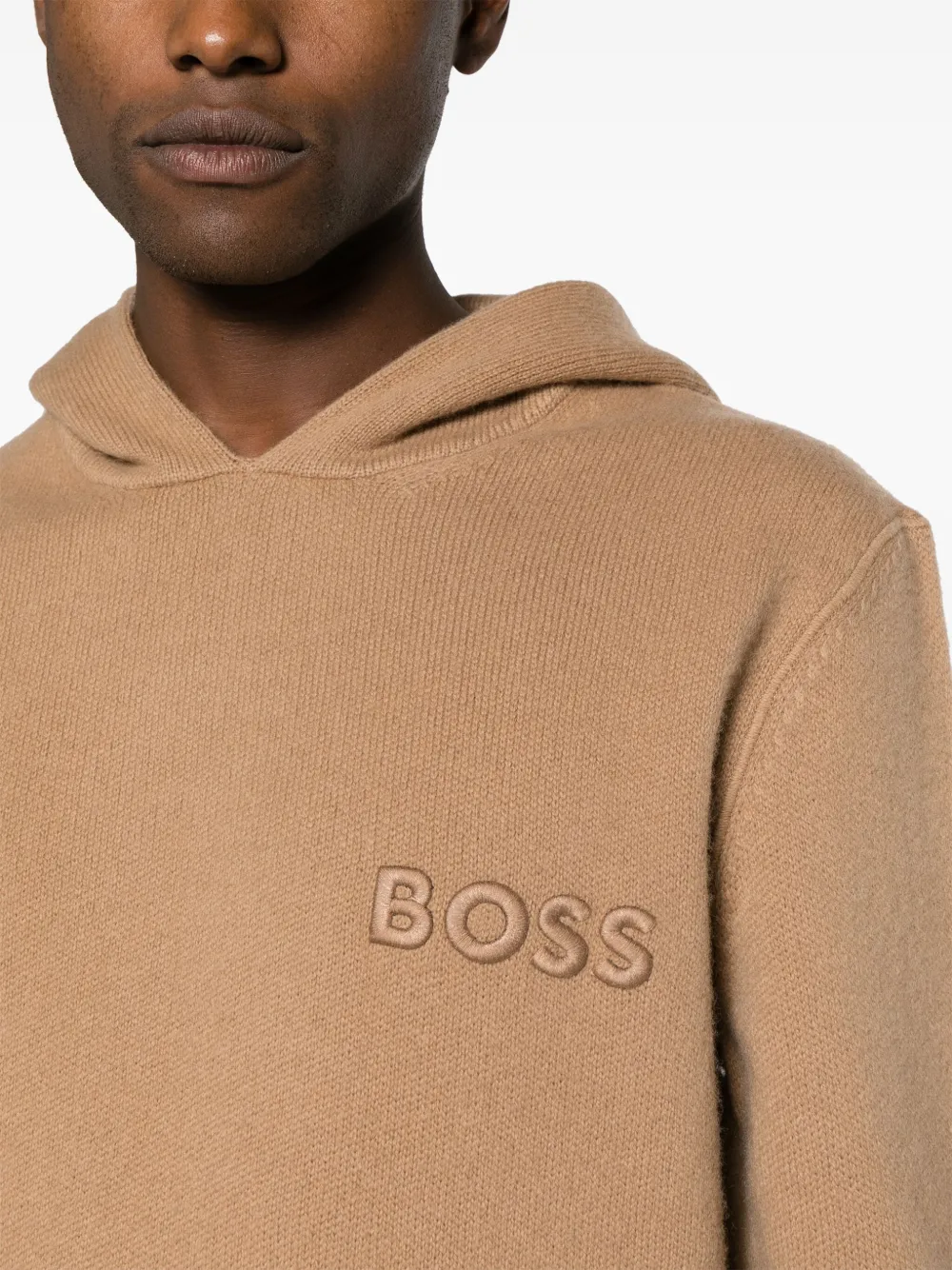 Shop Hugo Boss Logo-embroidered Hooded Jumper In Braun