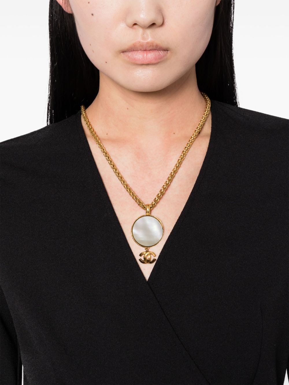 Pre-owned Chanel 1995 Cc Faux-pearl Chain Necklace In Gold
