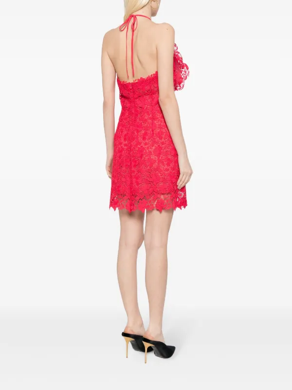 oscar de la renta red lace dress Silk-chiffon trimmed guipure lace midi dress - red