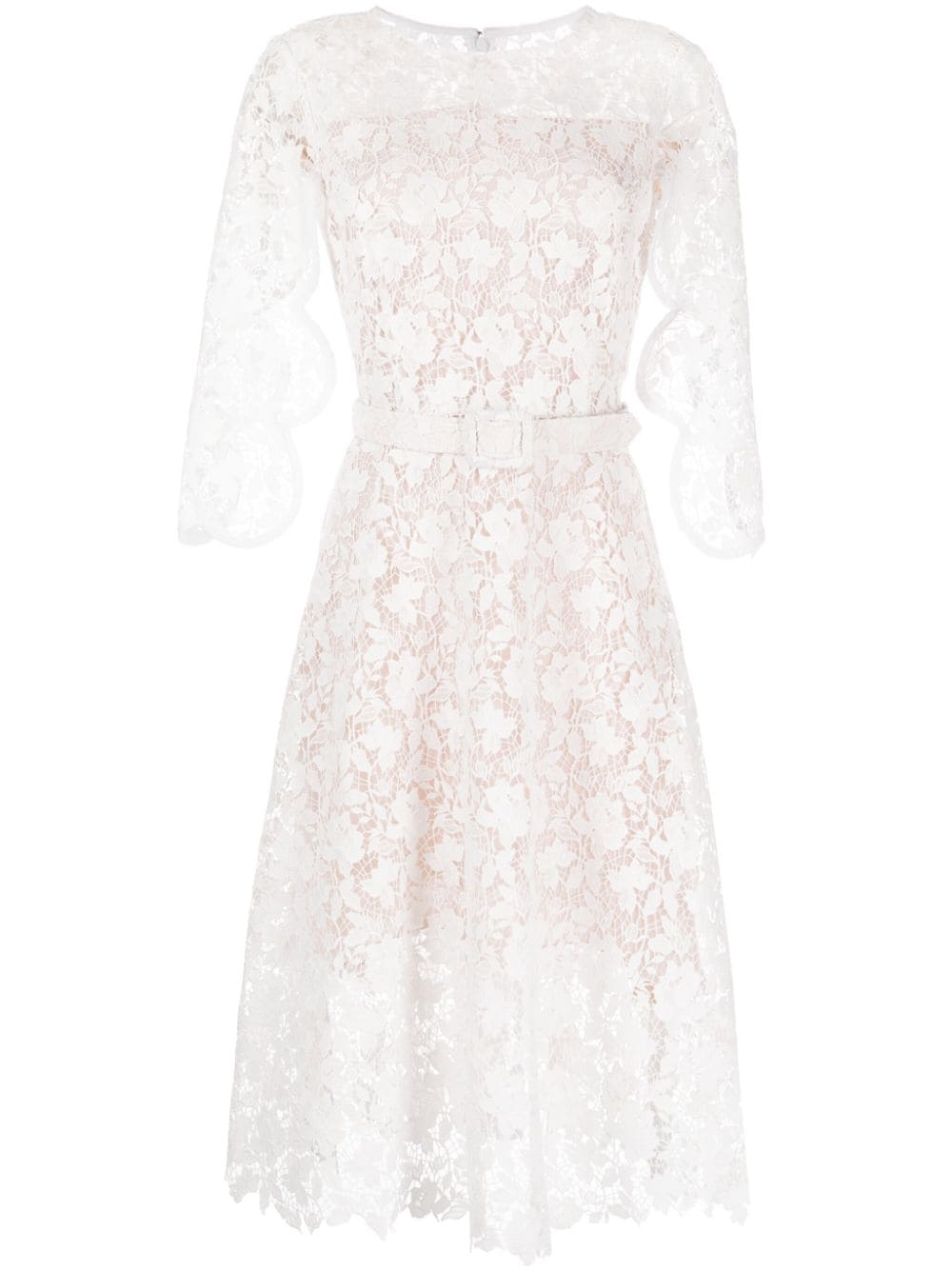 Oscar De La Renta Floral-lace Belted Midi Dress In White