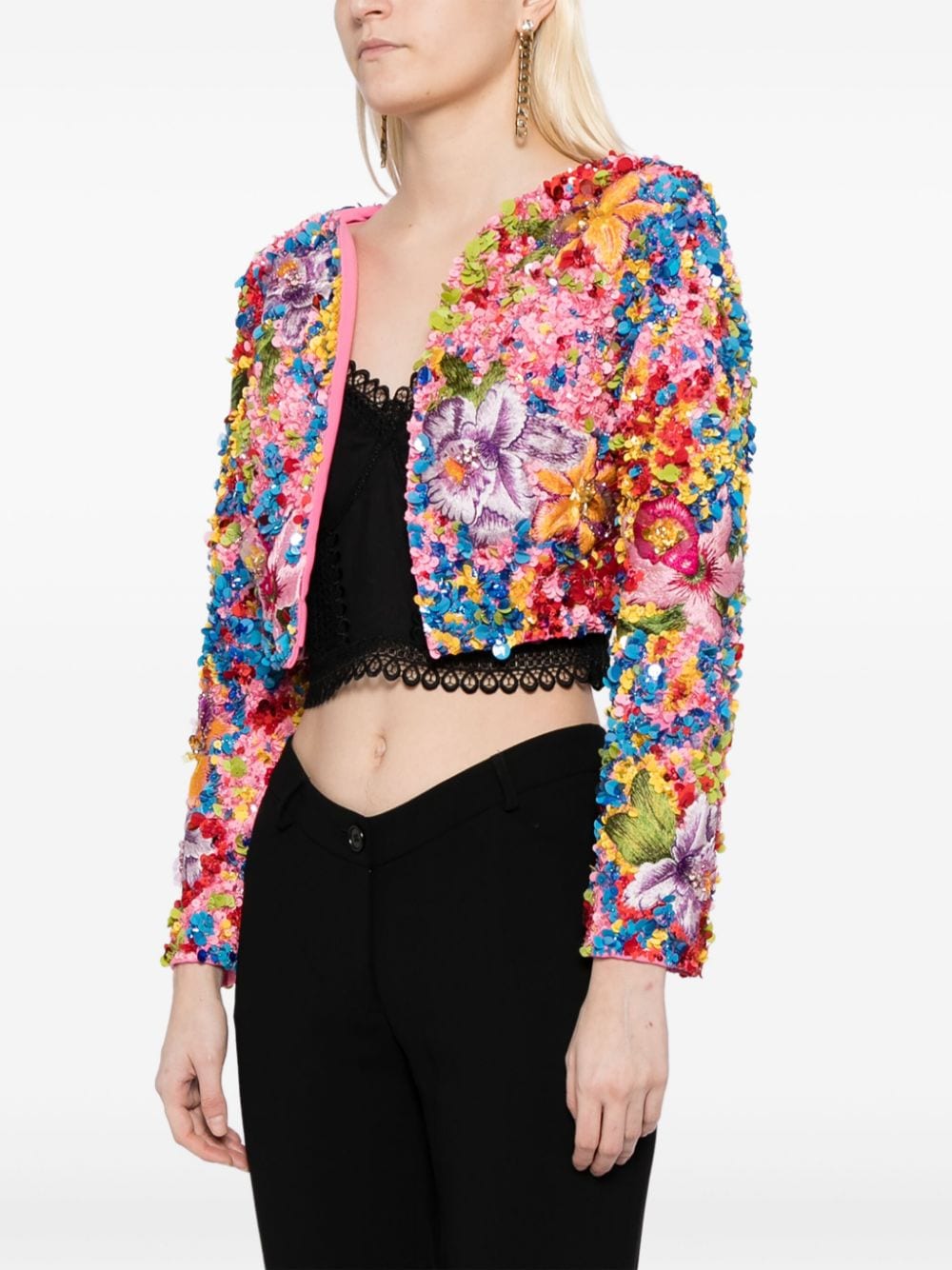 Shop Carolina Herrera Sequin-embellished Cropped Jacket In Pink