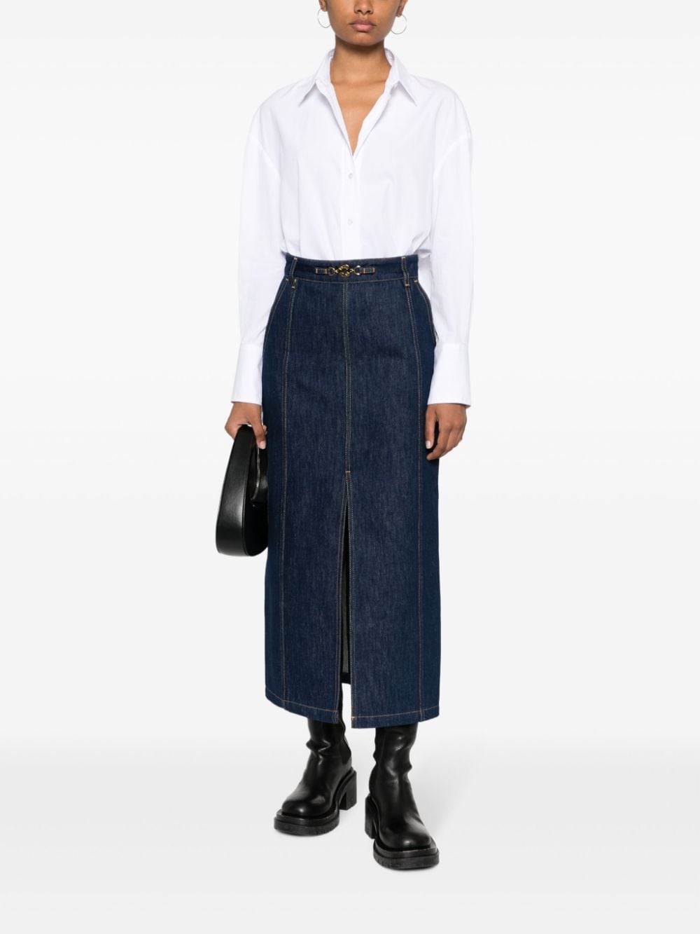 Shop Patou Slit-detail Organic-denim Midi Skirt In Blue