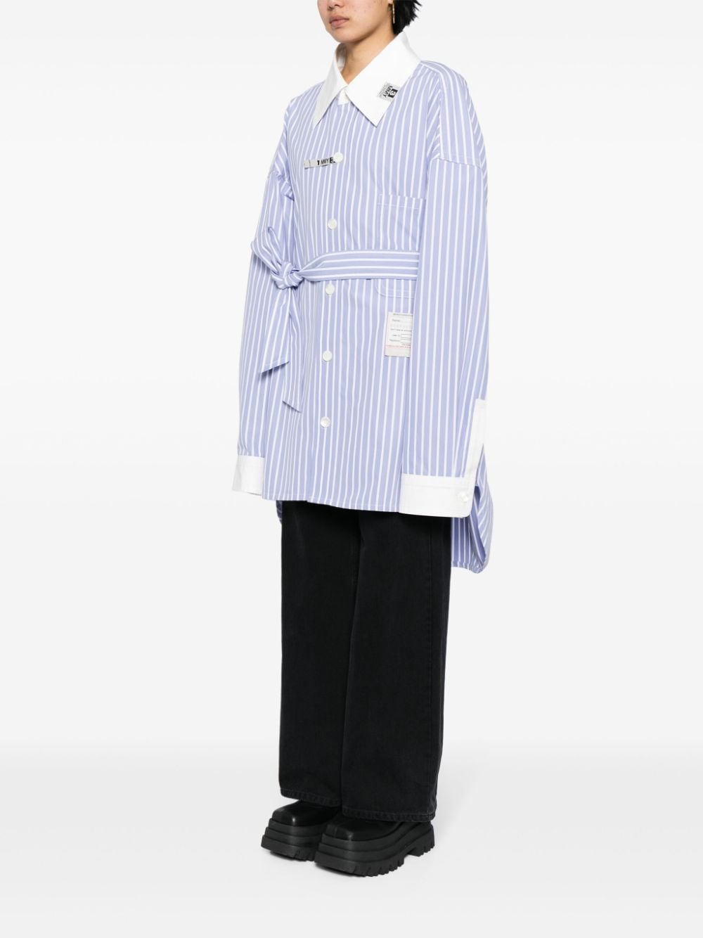 Shop Miharayasuhiro Logo-appliqué Striped Belted Shirt In 蓝色
