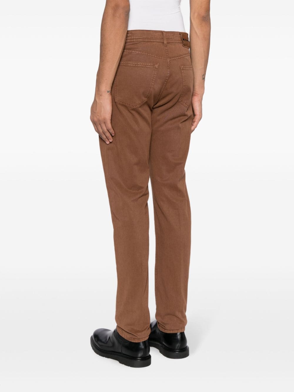 Shop Kiton Logo-patch Straight-leg Trousers In Brown