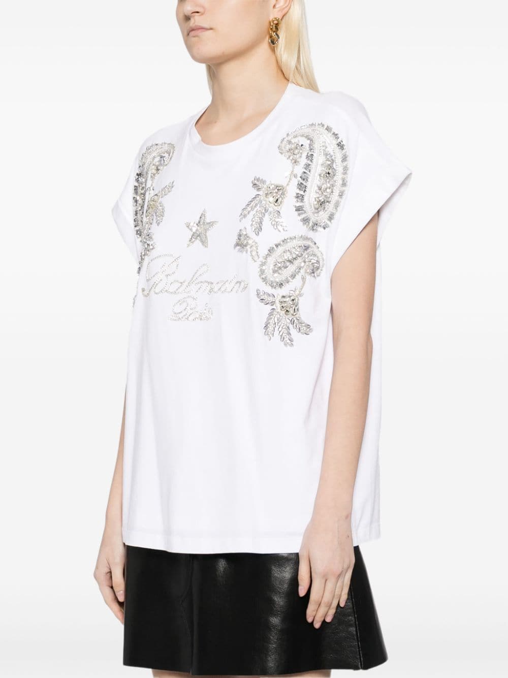 Shop Balmain Crystal-embellished Cotton T-shirt In White