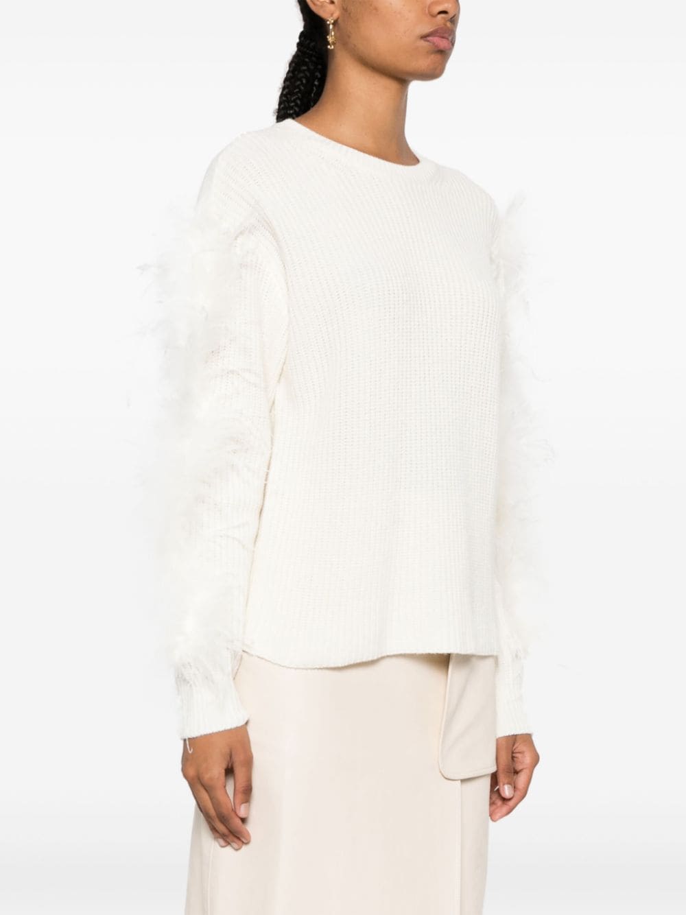 Shop Twinset Feather-trimmed Ribbed-knit Jumper In White