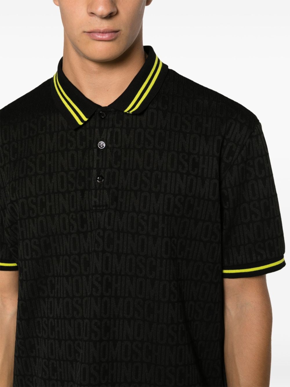 Shop Moschino Jacquard Logo Motif Striped Polo Shirt In Black