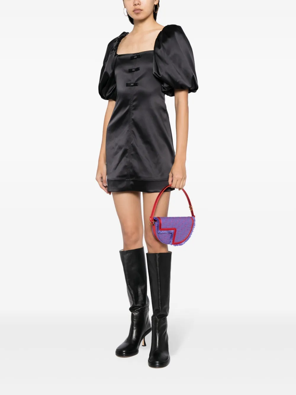 GANNI bow-detail satin minidress - Zwart
