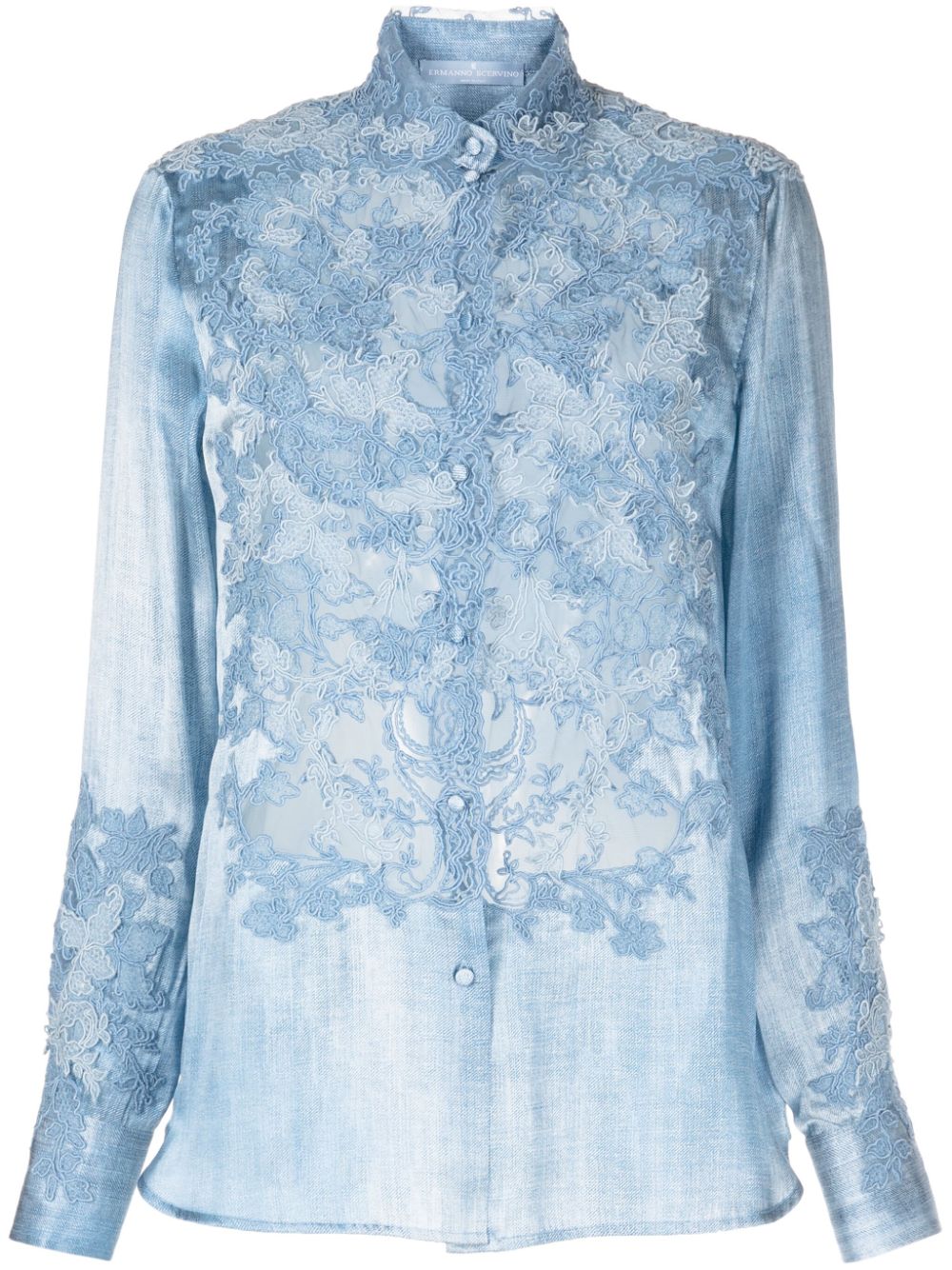 Ermanno Scervino Lace-panel Silk Shirt In Blue