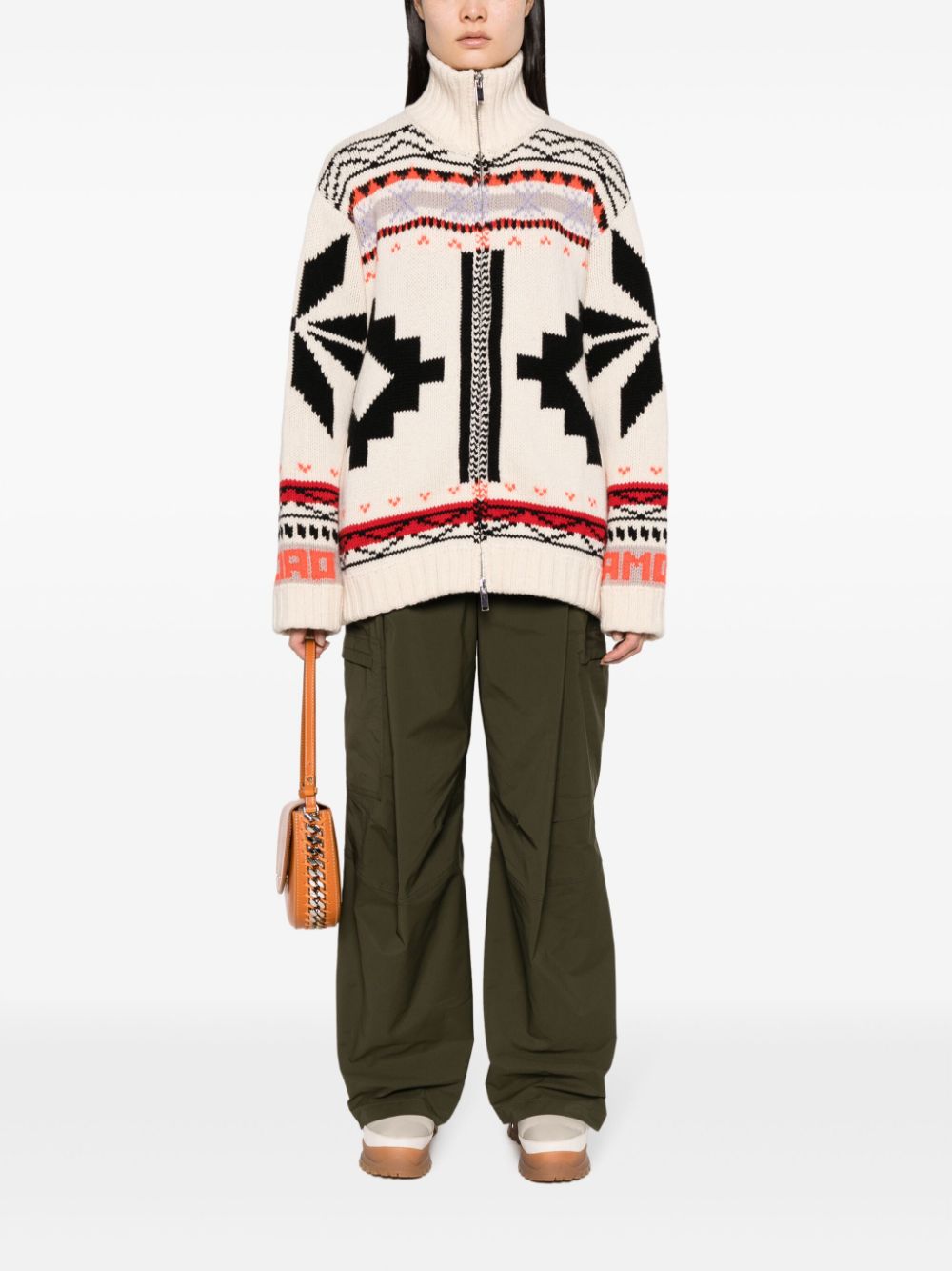 Shop Giada Benincasa Patterned Intarsia-knit Zipped Cardigan In Neutrals