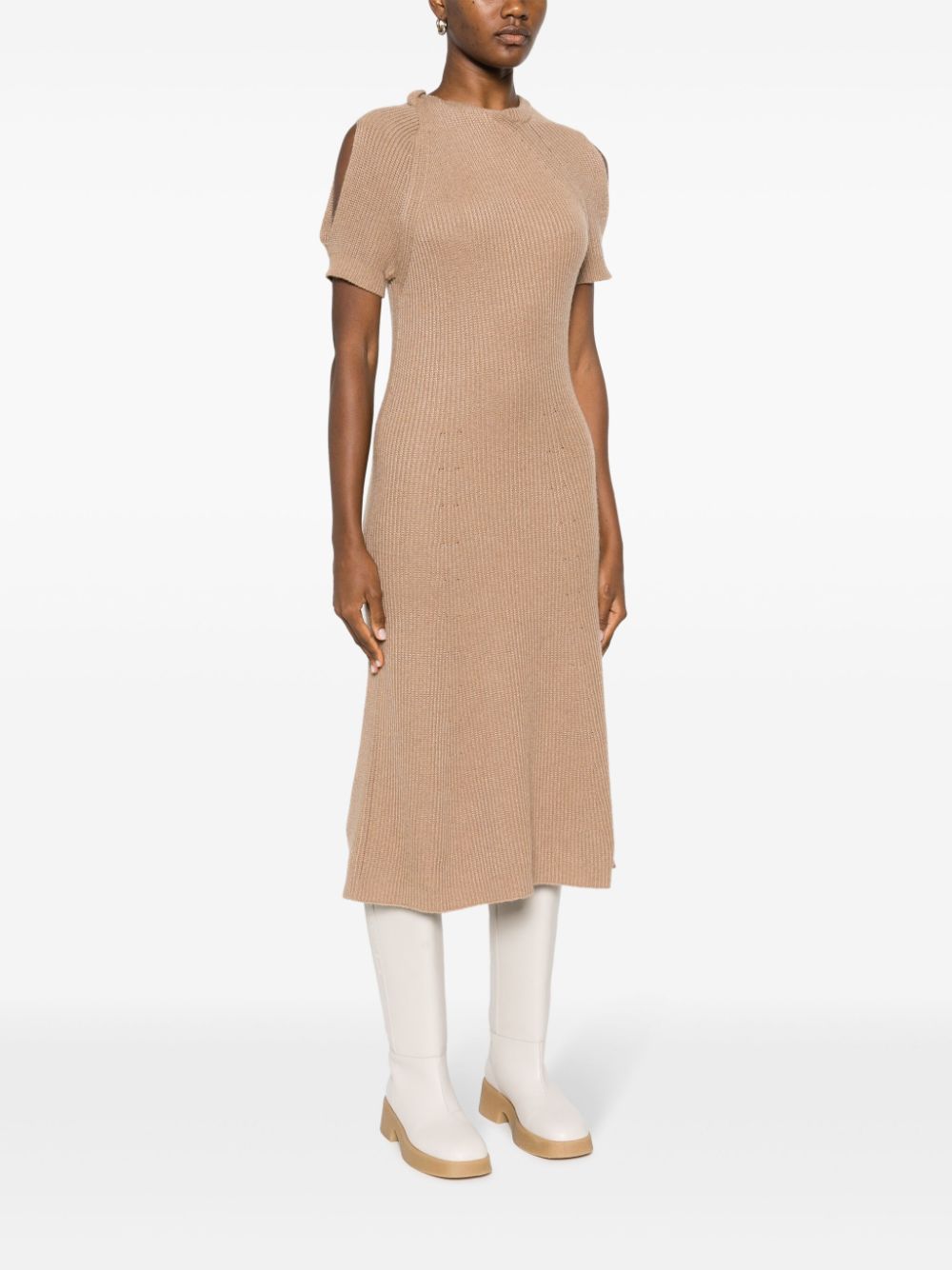 Shop Stella Mccartney Short-sleeve Ribbed-knit Midi Dress In Brown
