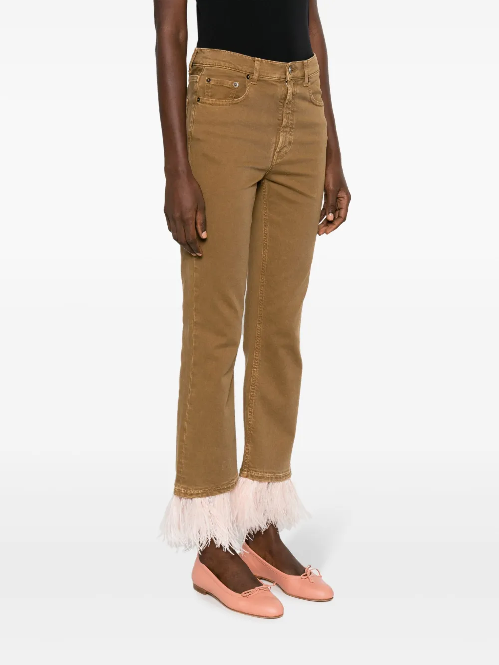 Shop La Doublej Fancy Feather-trim Cropped Jeans In Brown