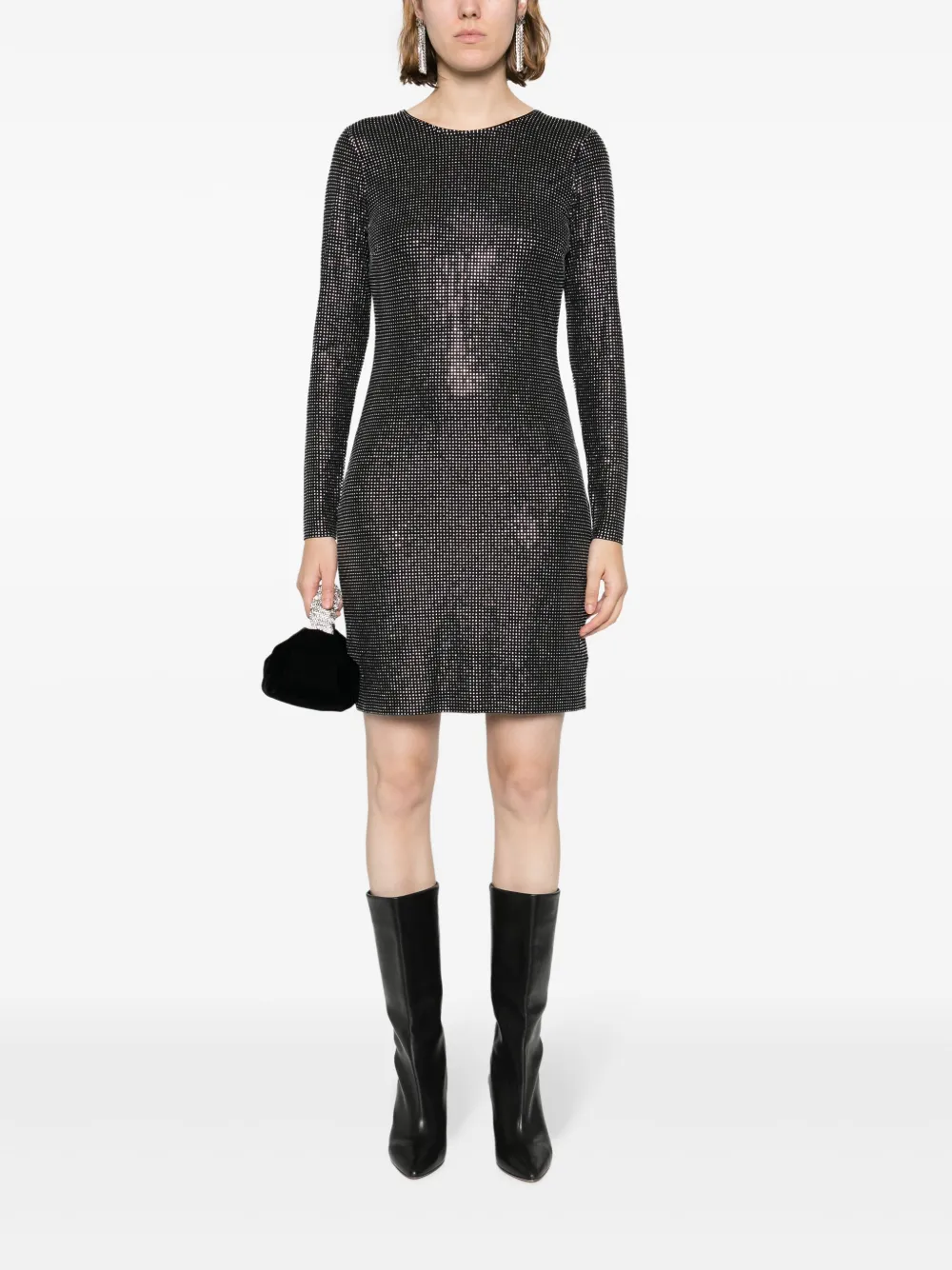 Shop Michael Michael Kors Crystal-embellished Long-sleeve Minidress In Black