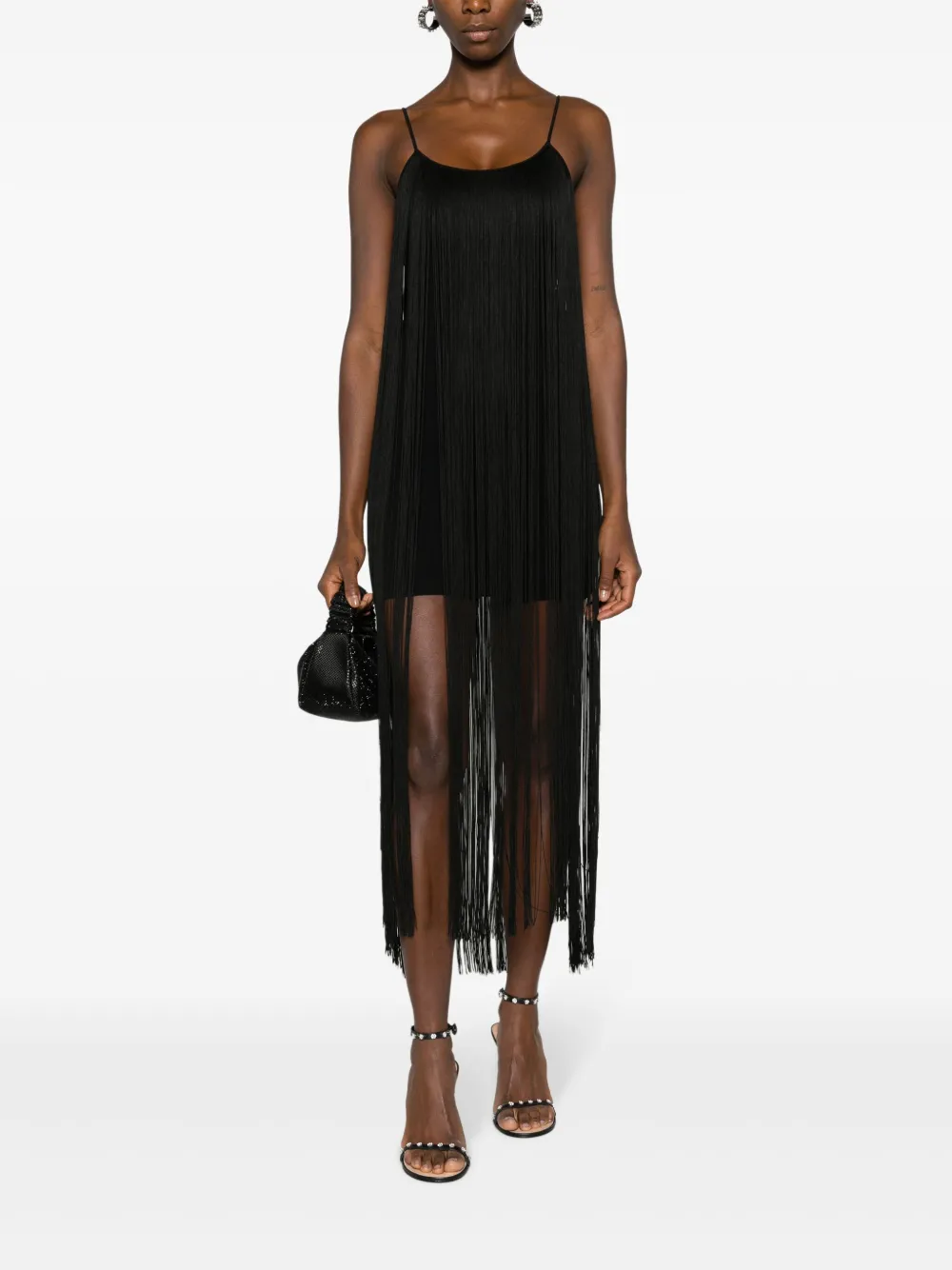 Alexander Wang fringe-trim spaghetti-strap midi dress - Zwart