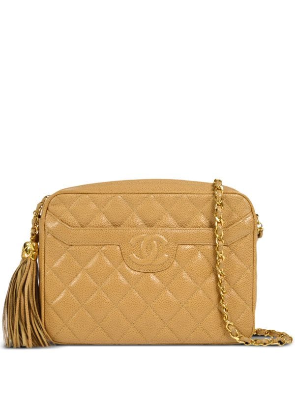 CHANEL, Bags, Vintage Chanel Quilted Tassel Camera Bag Beige Leather  Chain Strap Shoulder Bag