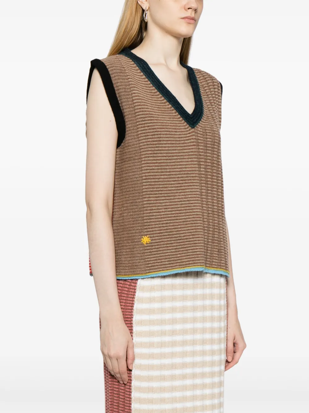 Shop Yanyan Knits Striped V-neck Knitted Top In Brown