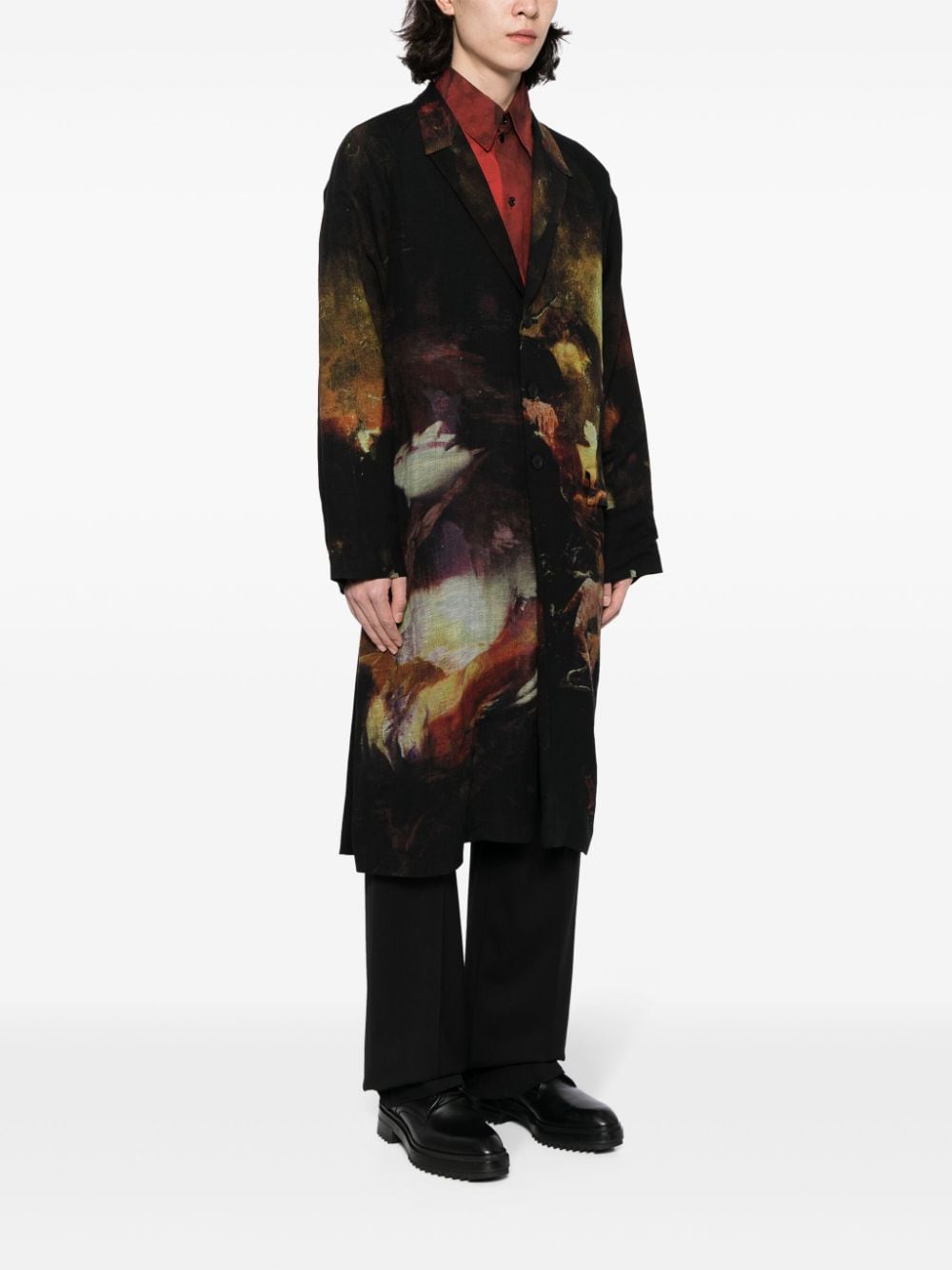 Shop Yohji Yamamoto Abstract-print Single-breasted Coat In Black