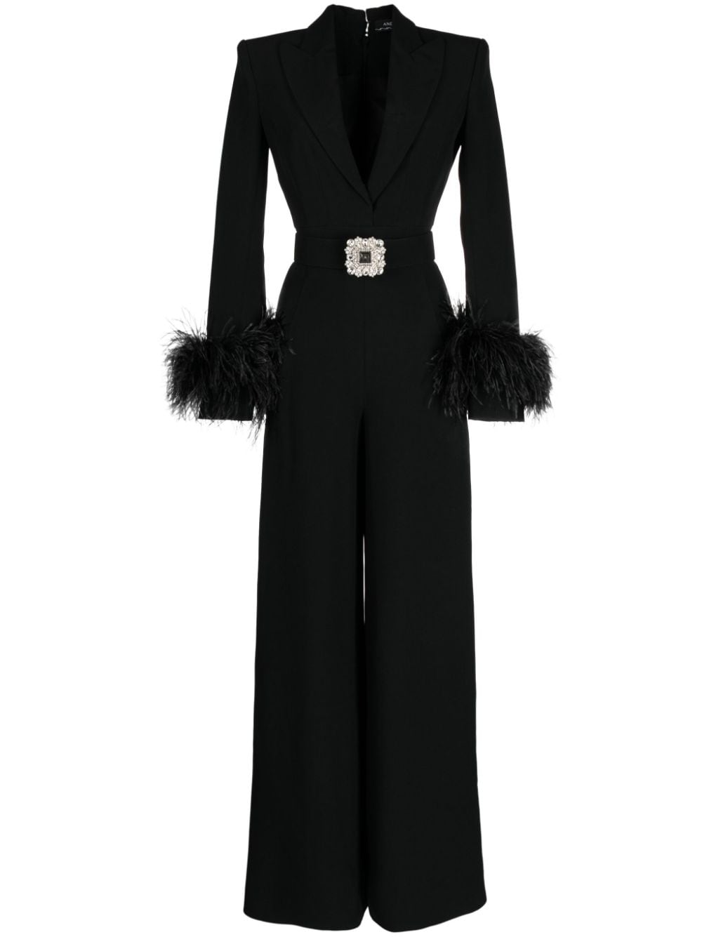 Andrew Gn Woven Belted Jumpsuit With Feather Cuffs And Crystal Detail ...