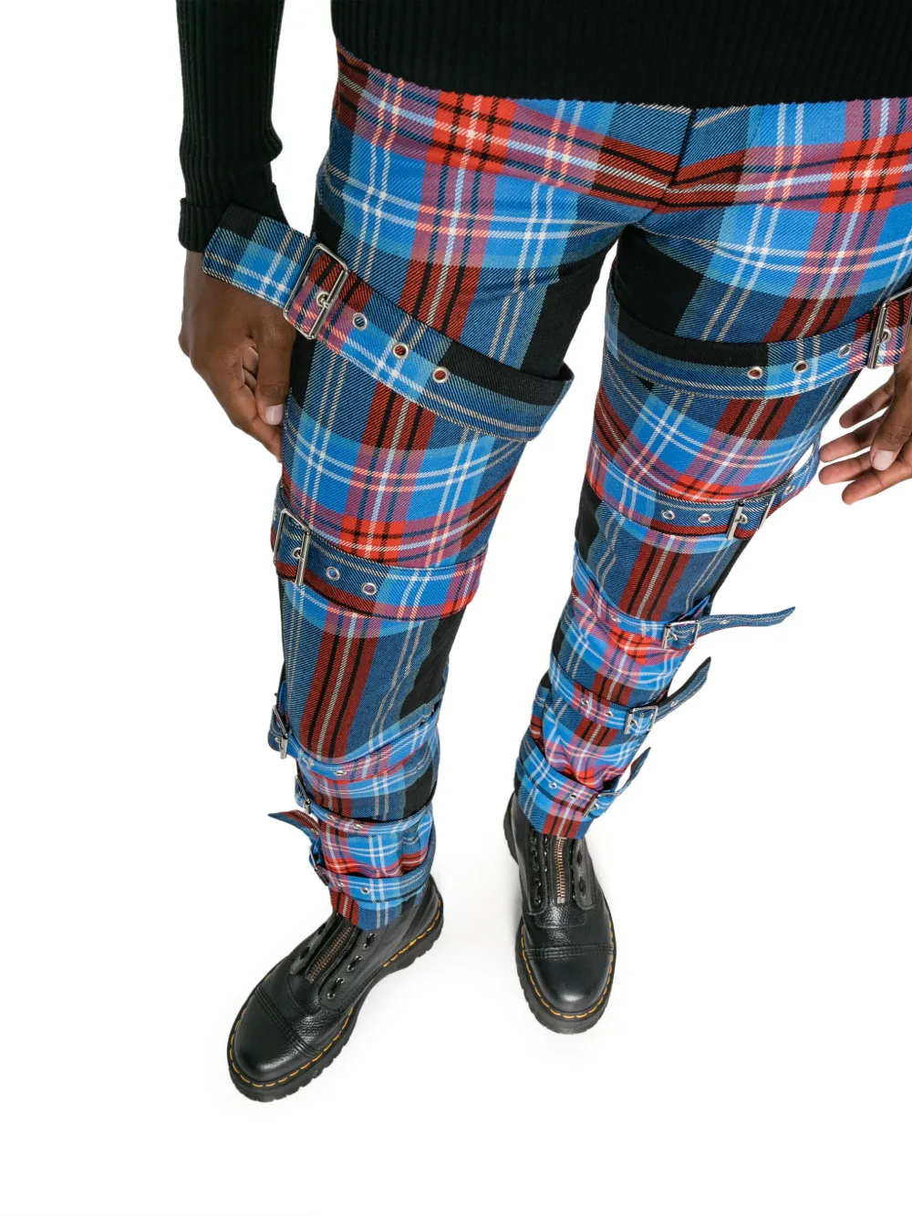 Shop Charles Jeffrey Loverboy Tartan Buckled Straight-leg Trousers In Blue